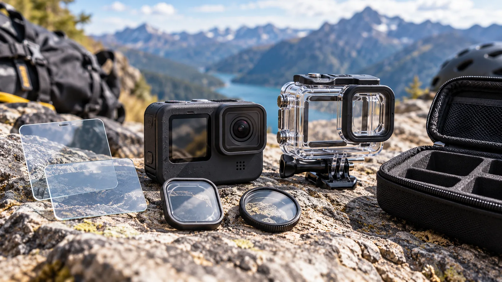 An action camera, clear protective housing and small lens accessories are arranged on a rocky surface.