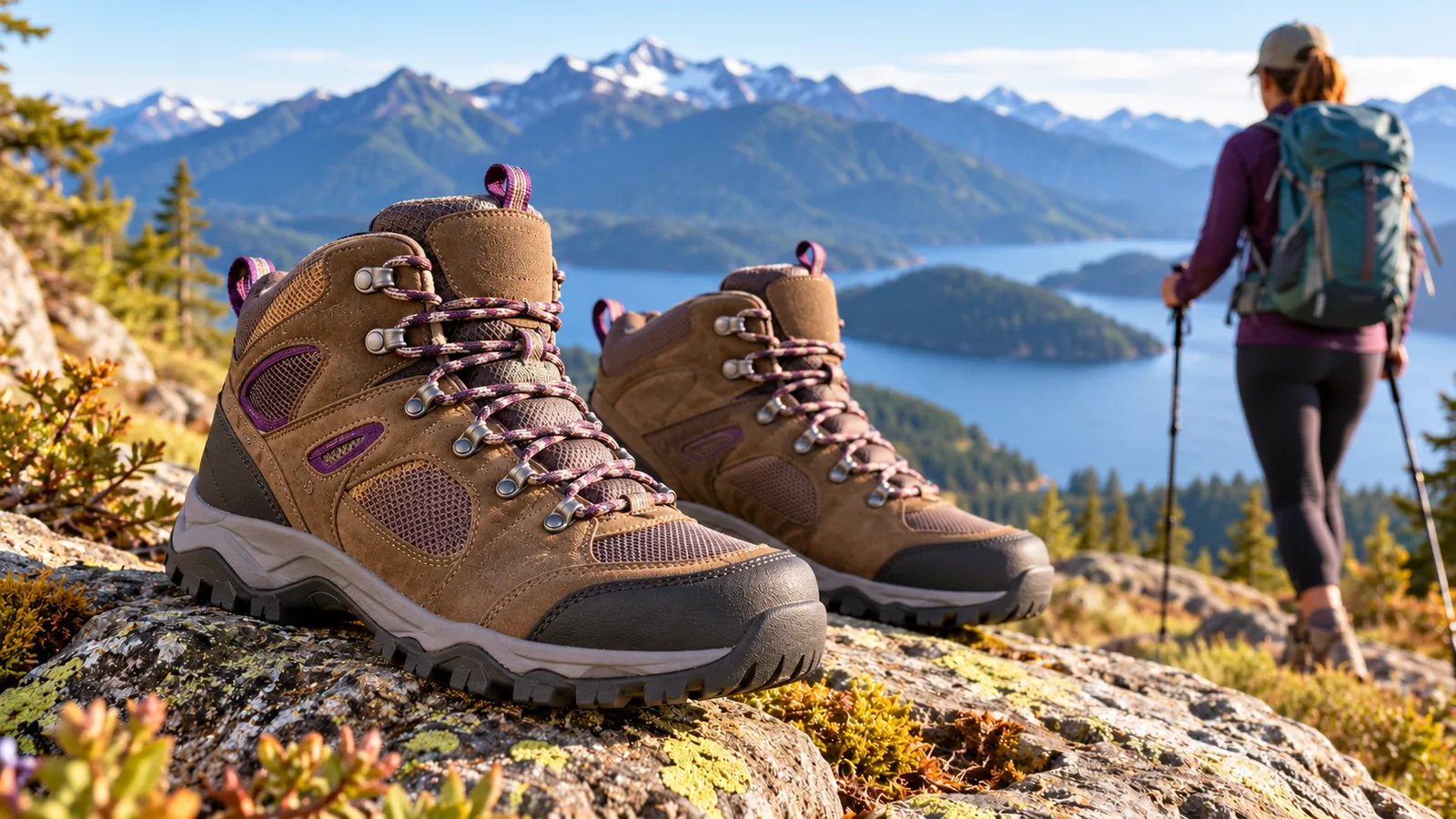 Two unbranded hiking boots on a rocky mountain trail with a woman hiker in the background.