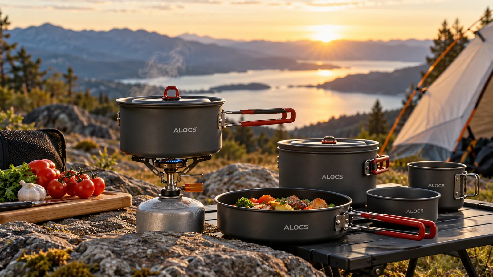 Compact camping pots and pans sit on a camp table at a mountain campsite at sunset.