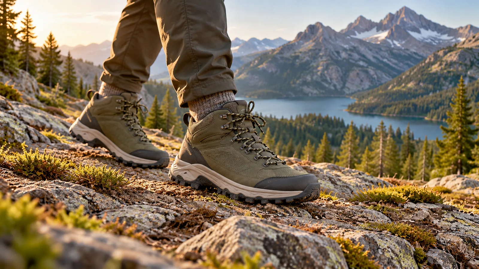 A hiker wears neutral high-top trail shoes on a rocky mountain path beside a lake.