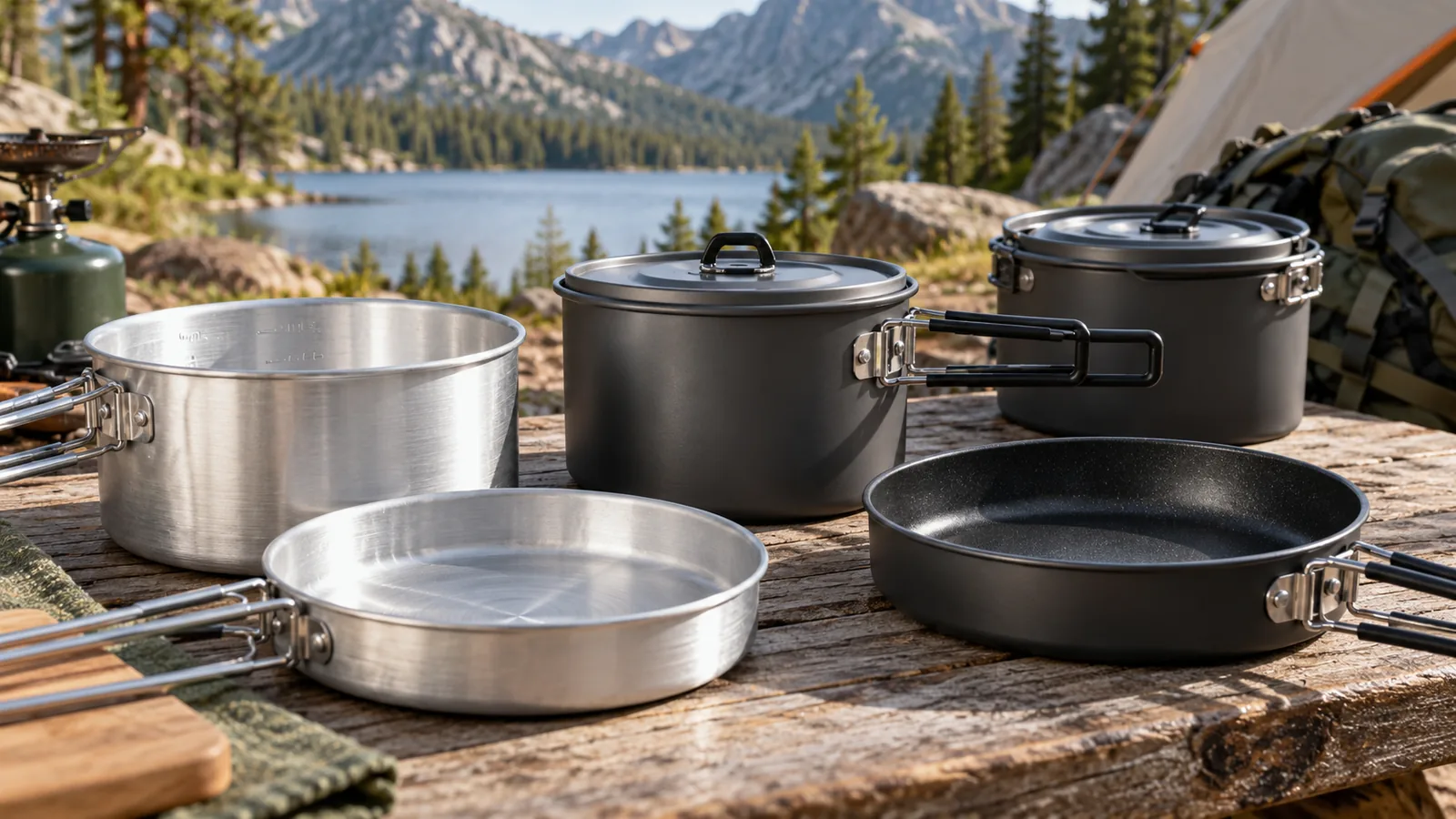 A selection of camping pots and frying pans in silver and dark finishes arranged on a camp table.