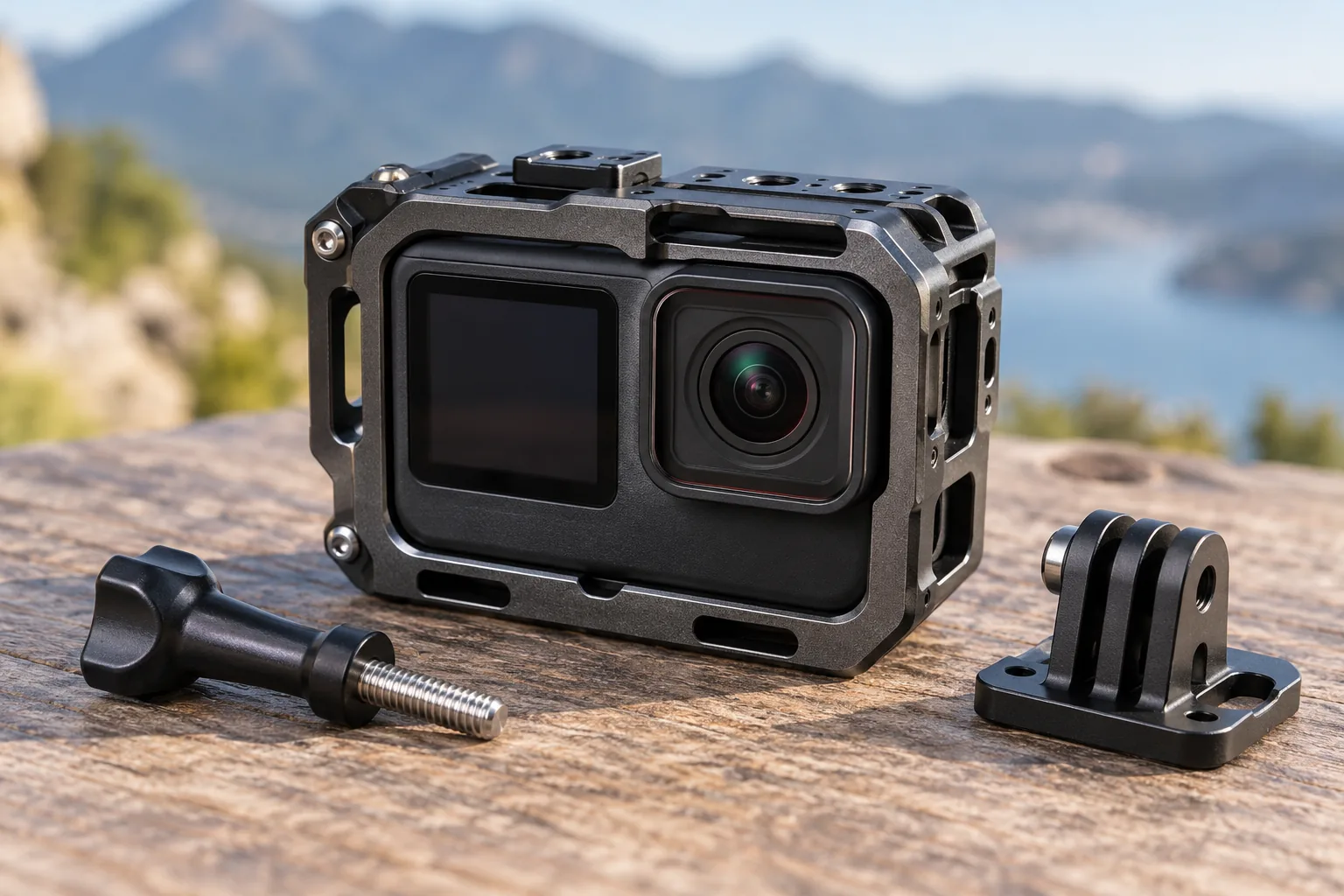 A compact generic action camera sits in a plain metal cage beside a mounting screw and bracket.