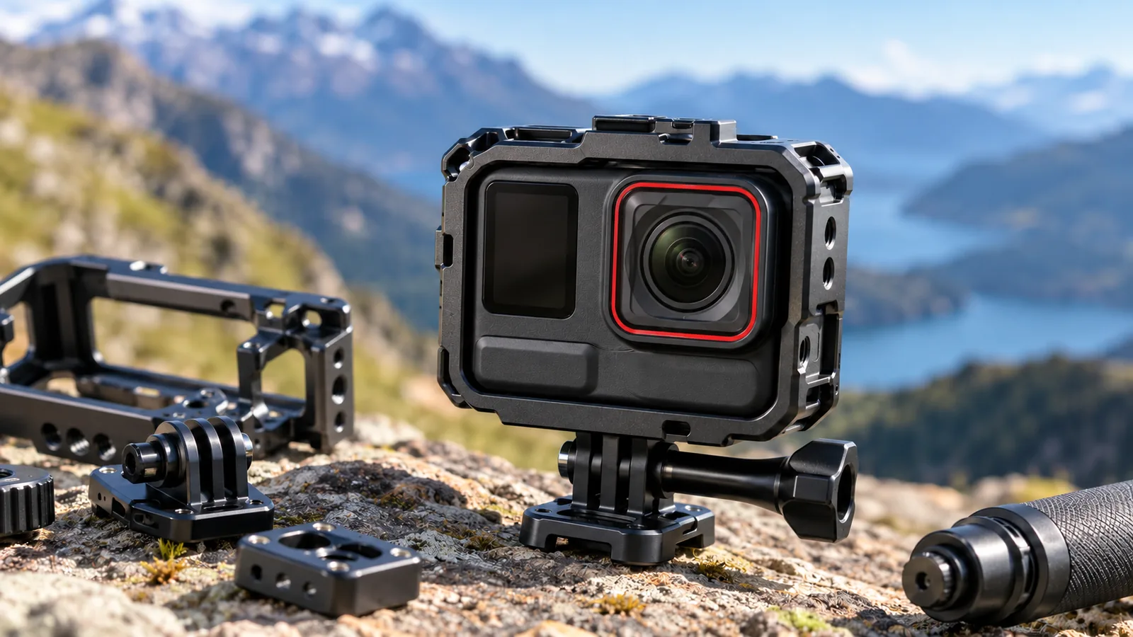 A compact action camera sits inside a metal protective cage with mounting accessories arranged beside it.