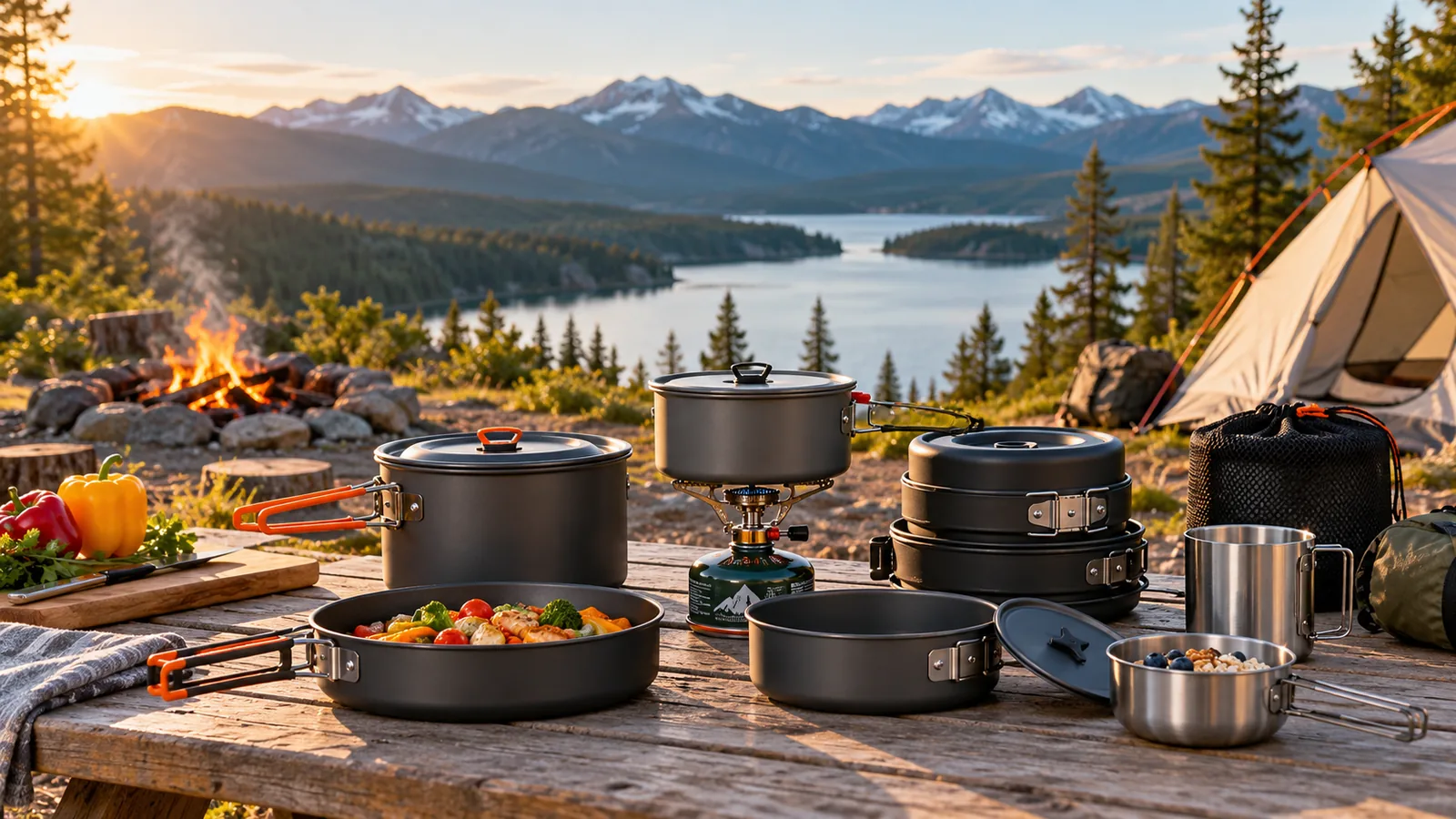 Camping pots and pans arranged on a wooden table at a lakeside campsite.