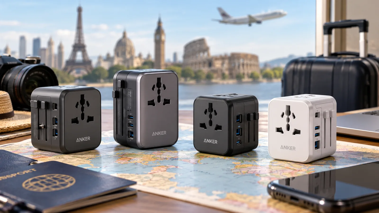 Several travel adapters, including black units visibly marked Anker, are arranged on a map beside luggage.