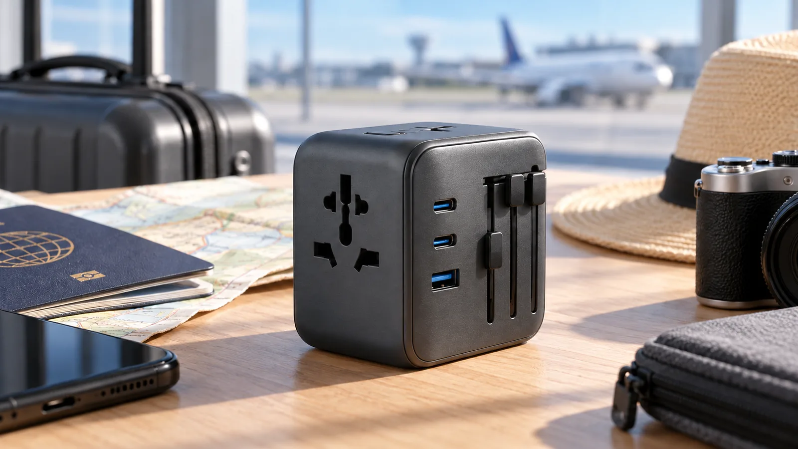 An unbranded universal travel adapter with interchangeable plug sliders sits among a map, phone and luggage.