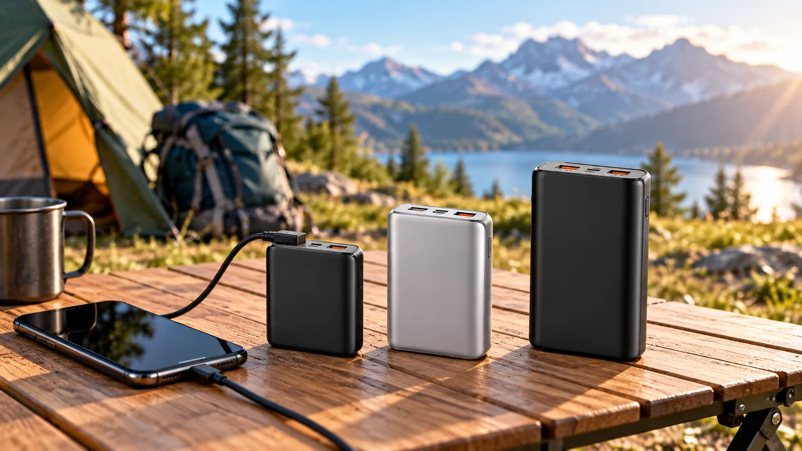 Three portable power banks in different sizes beside a connected phone at a campsite.