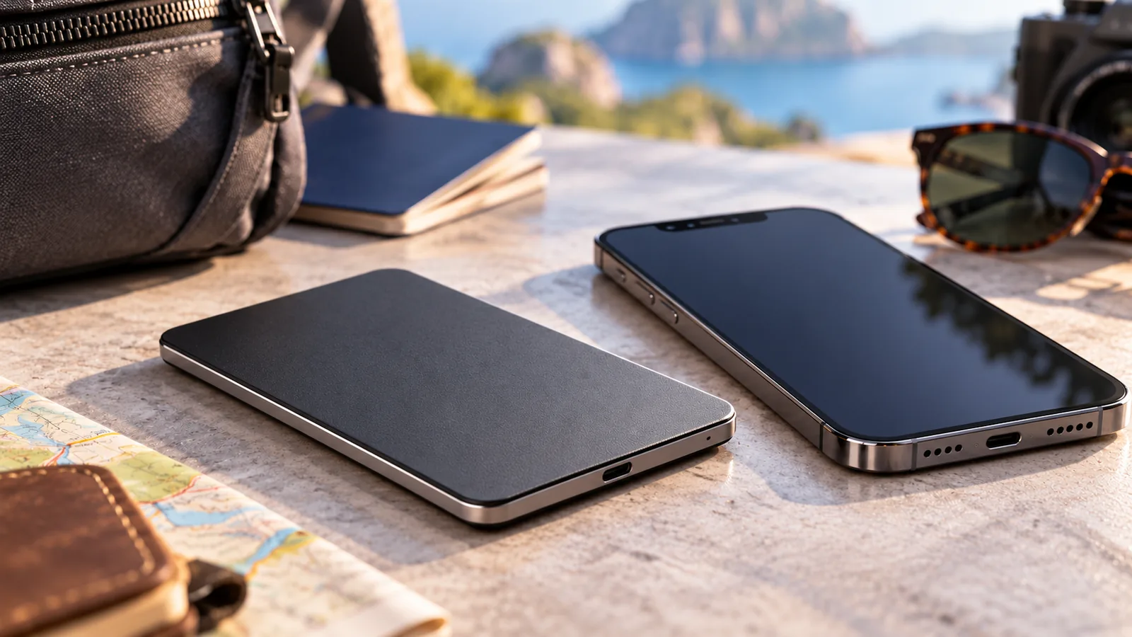 A thin unbranded portable charger and disconnected phone on a travel table.
