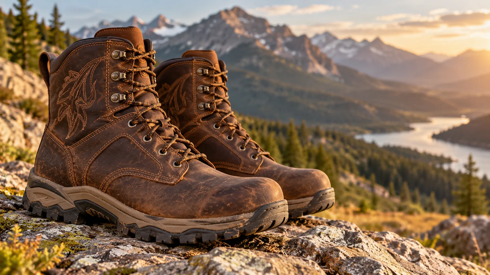 A pair of brown leather hiking boots stands on a rocky mountain trail.