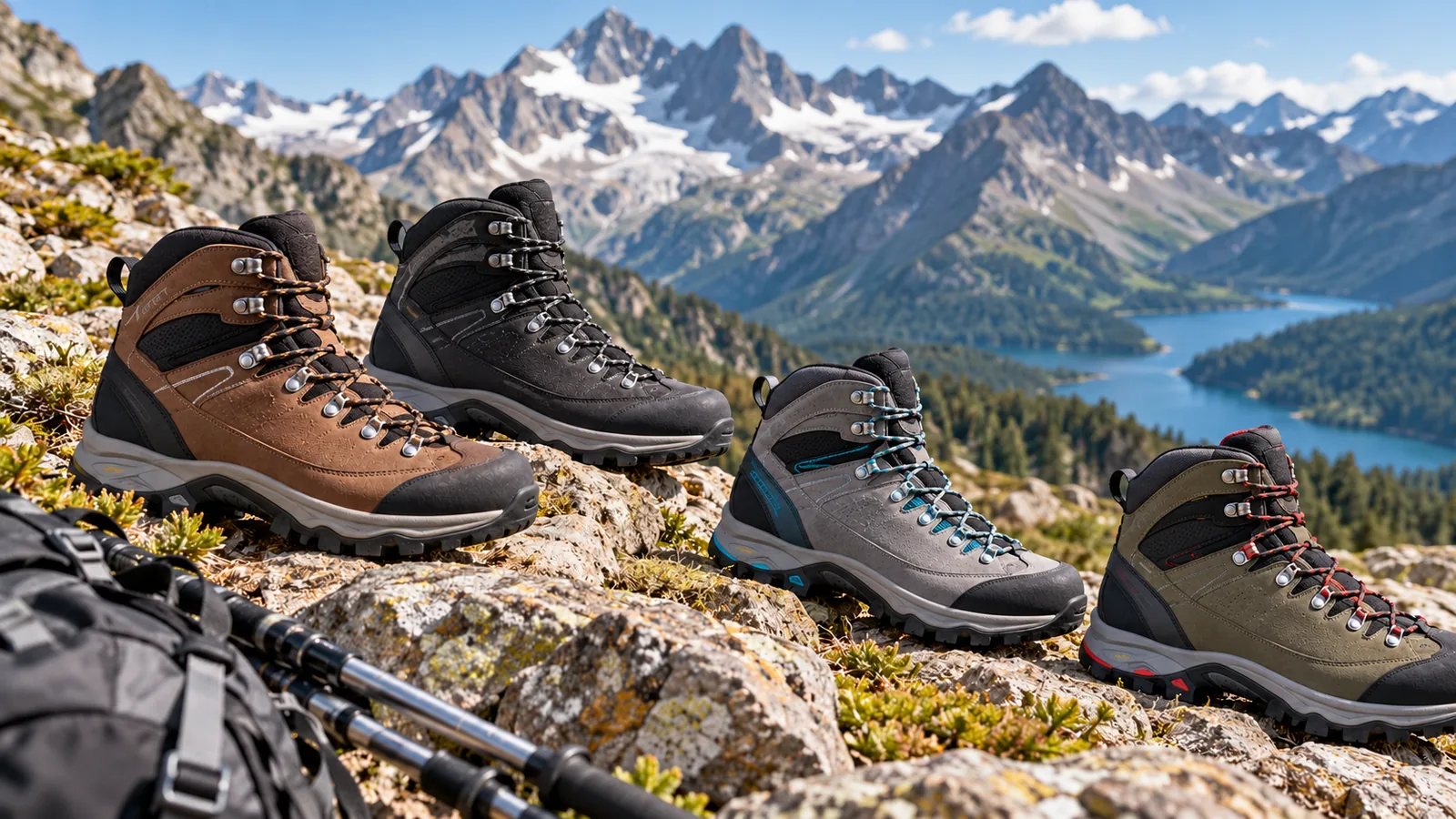 Four unbranded hiking boots arranged on a rocky alpine trail.