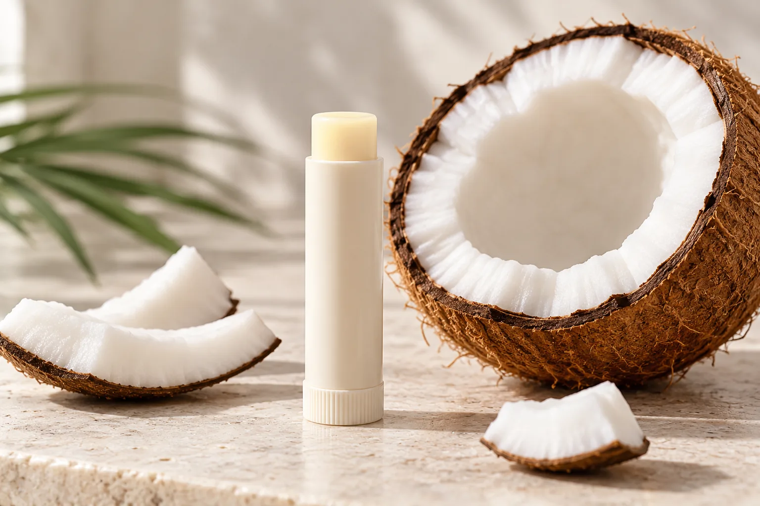 A plain unmarked lip balm stick beside a halved coconut and coconut pieces.