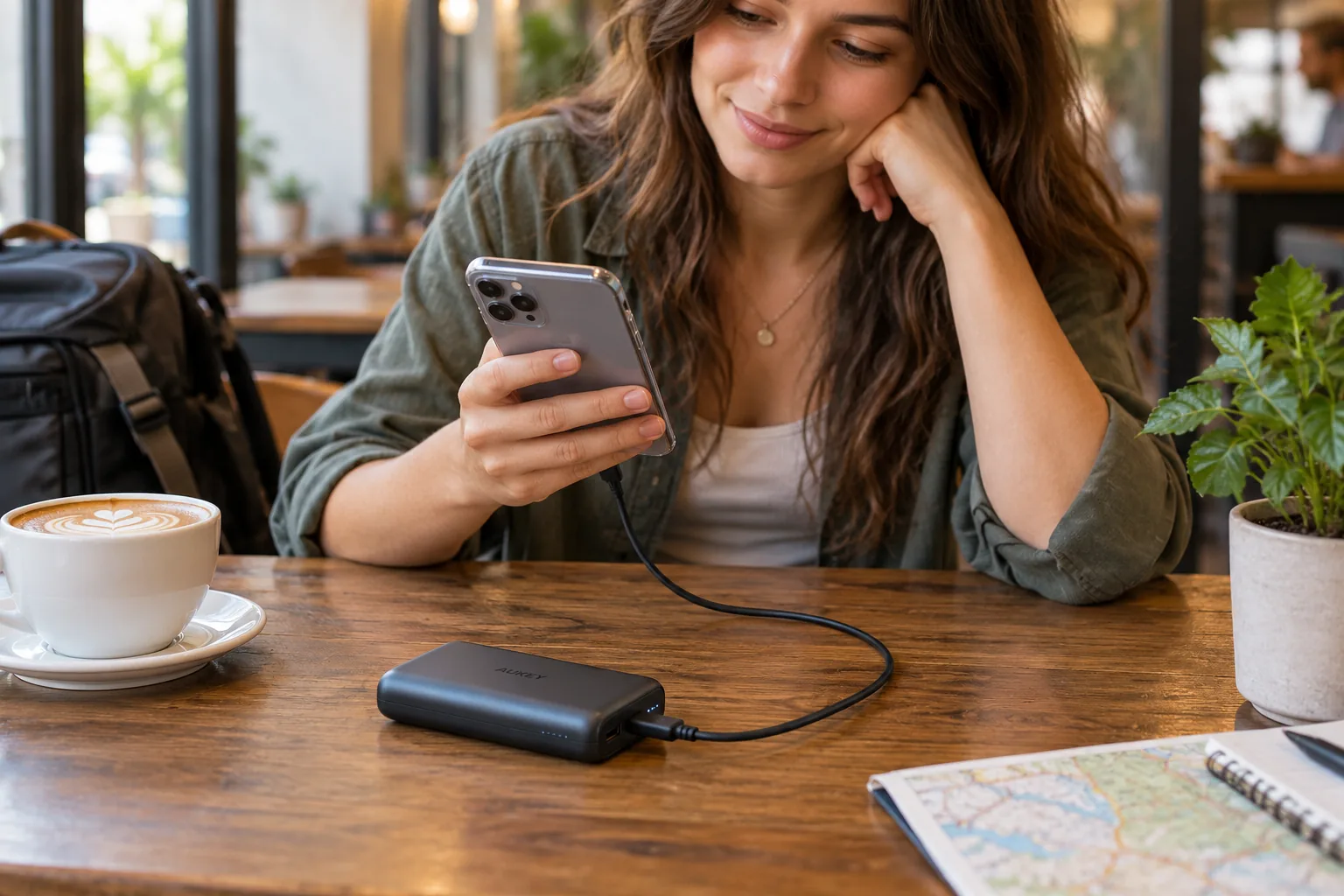 A woman charges her phone from a portable power bank at a cafe table.