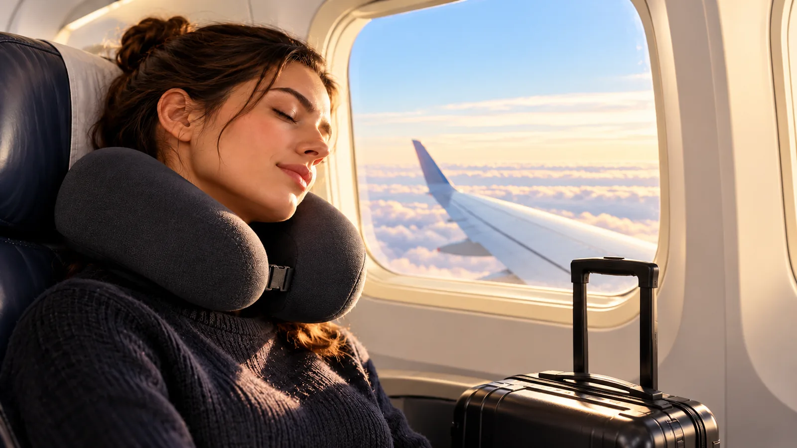 A traveler resting with a generic neck pillow on an airplane.