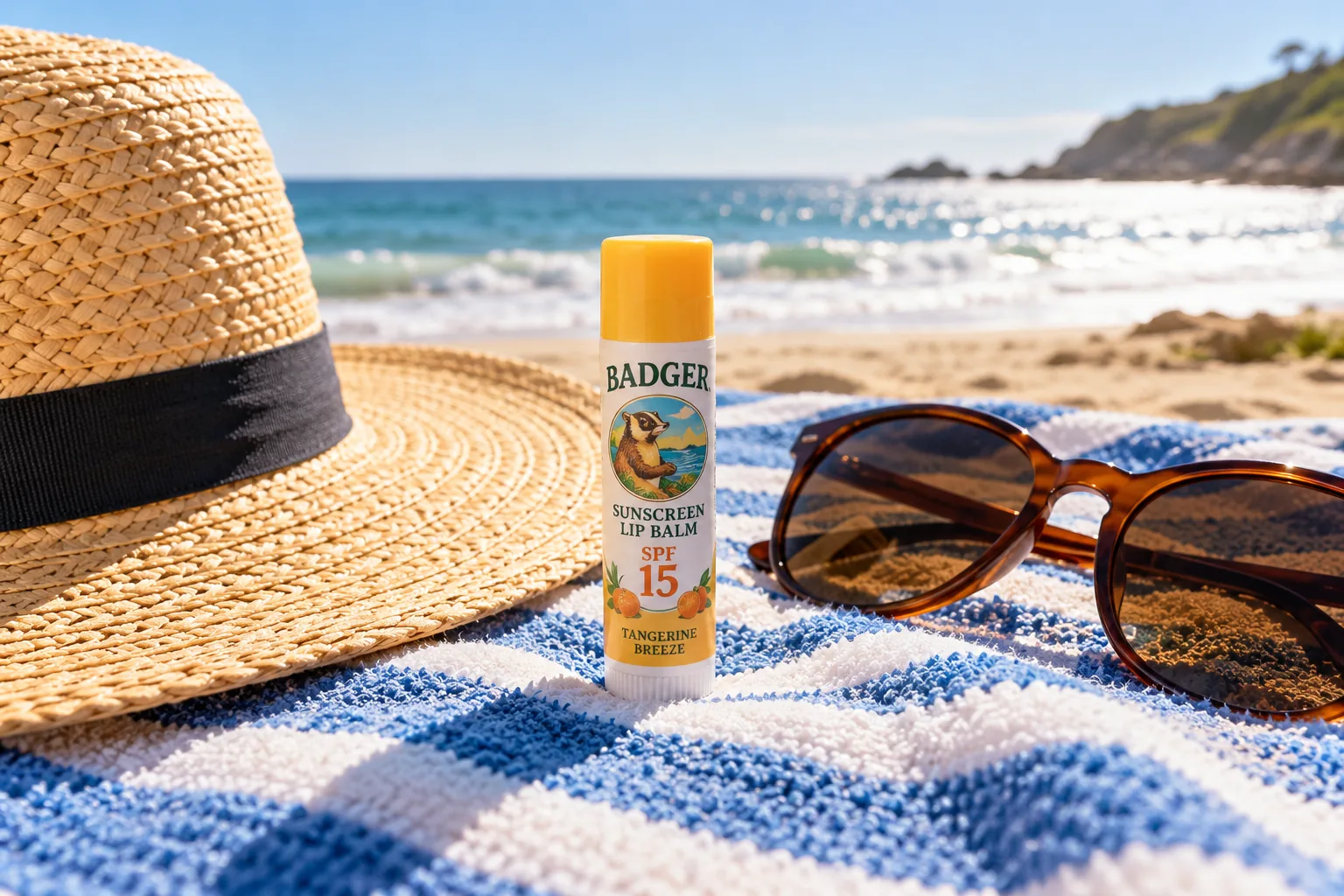 A Badger SPF lip balm tube is displayed on a beach towel beside a sun hat and sunglasses.