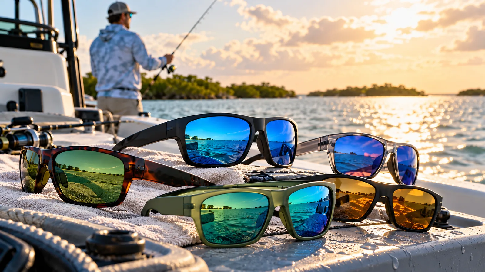 Several unbranded sunglasses with different frame shapes and tinted lenses are arranged on a boat beside a fisherman.