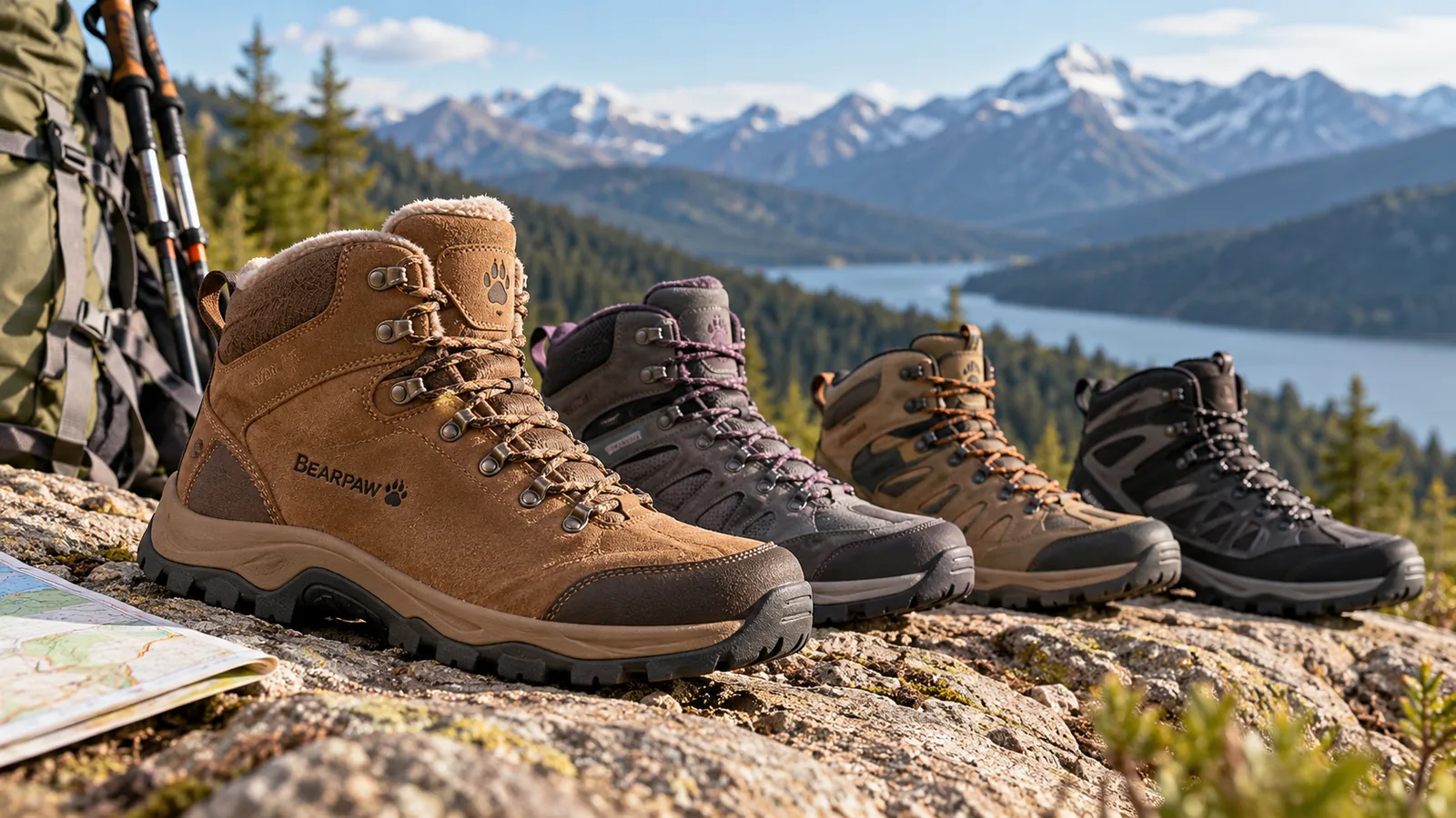 A lineup of hiking boots sits on a mountain trail, including a brown boot with a visible Bearpaw mark.