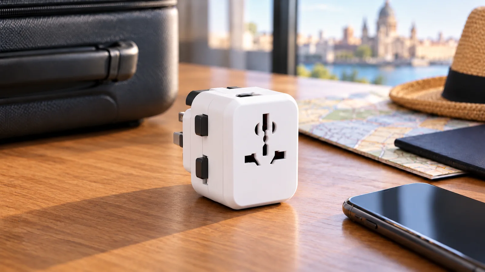 A plain universal travel plug adapter sits on a desk beside a phone, suitcase, and travel map.