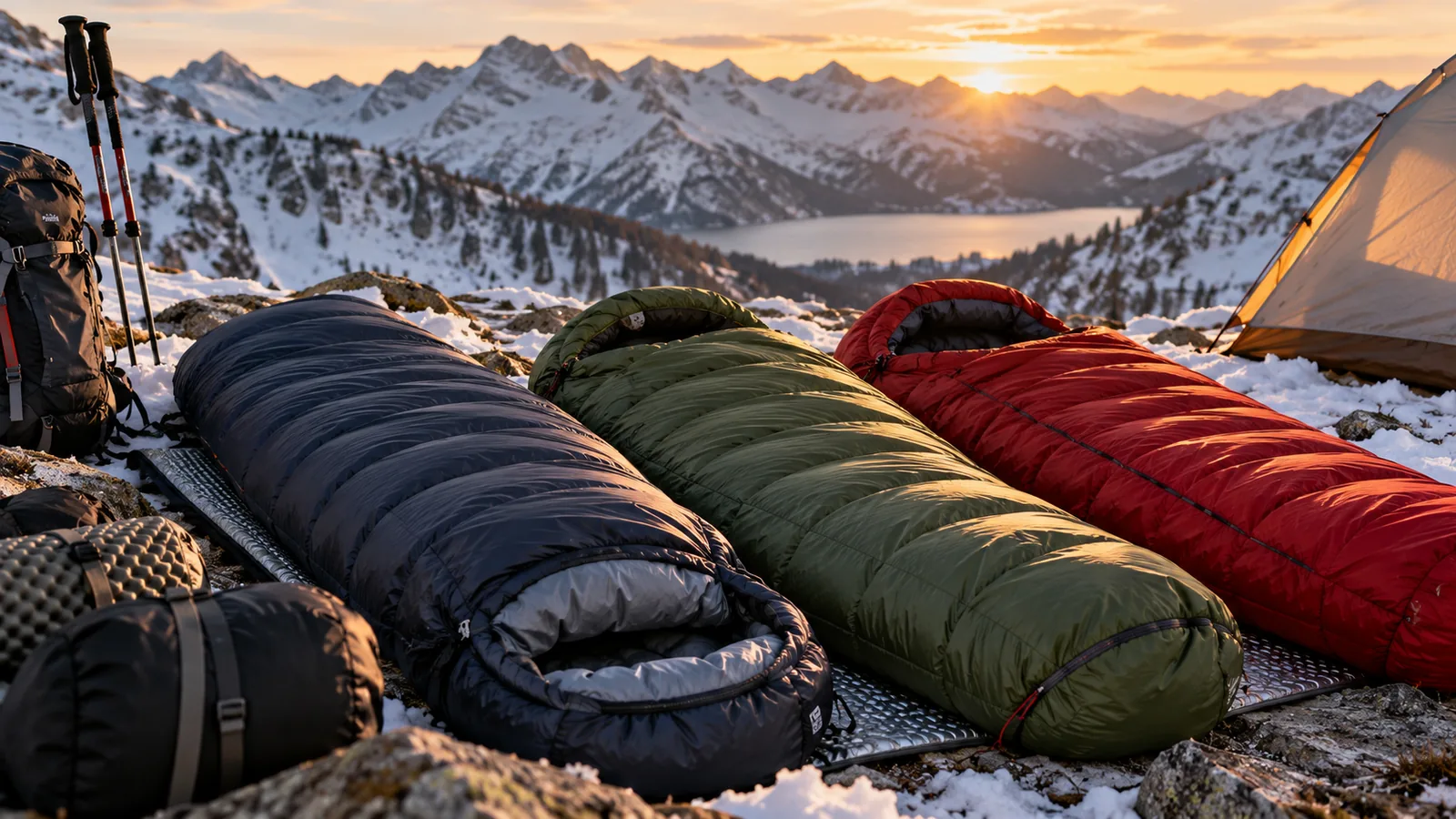 Three insulated sleeping bags arranged on snow beside a tent and mountain gear at dusk.