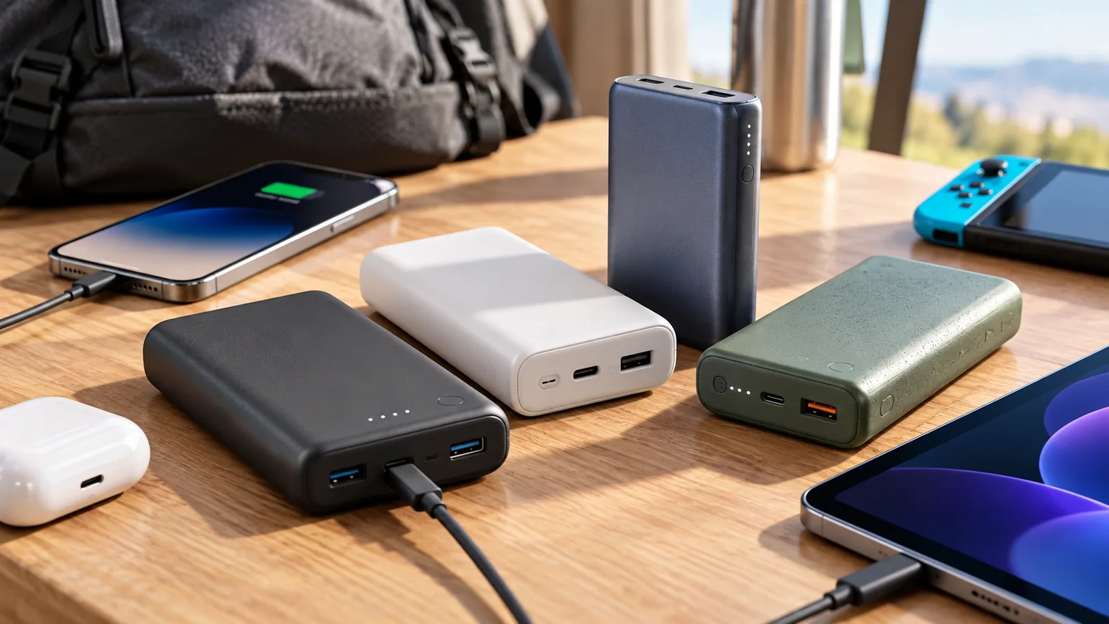 Several unbranded portable power banks with visible ports sit beside a smartphone and handheld game console.