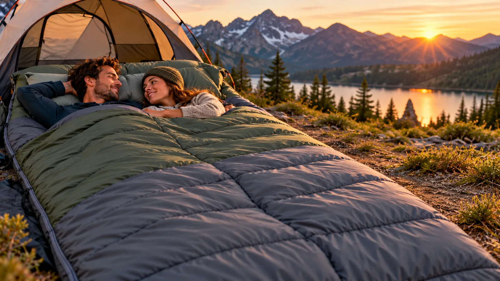A couple sharing a generic double sleeping bag inside a tent at sunset.