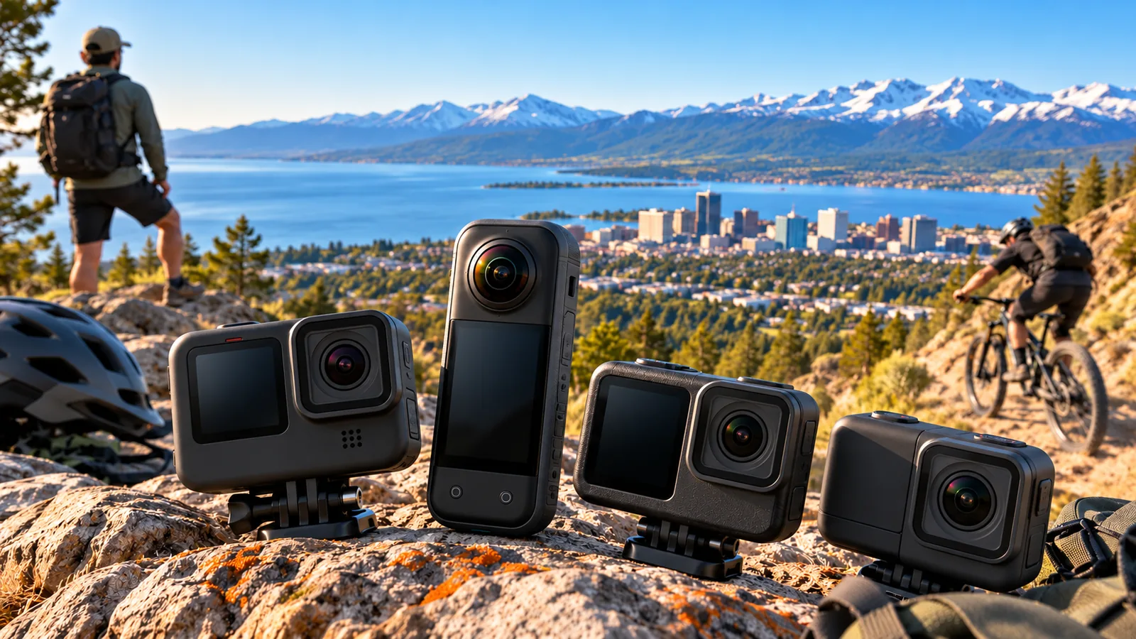 Several unbranded action cameras are displayed against a mountain lake and city overlook, with hikers and a cyclist nearby.