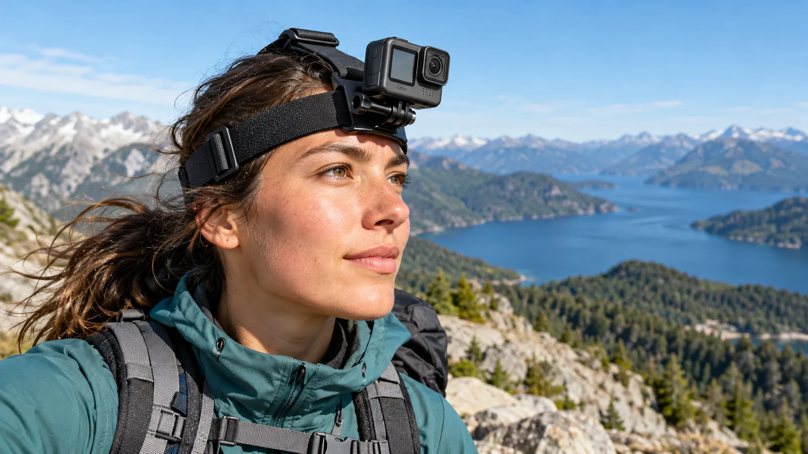 A hiker wearing a forehead-strap-mounted action camera on a mountain trail.