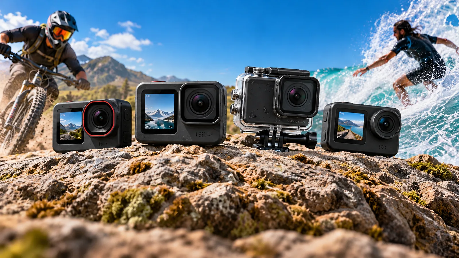 Several compact action cameras, including one in a clear housing, arranged on a rocky ledge with cycling and water-sport scenes in the background.