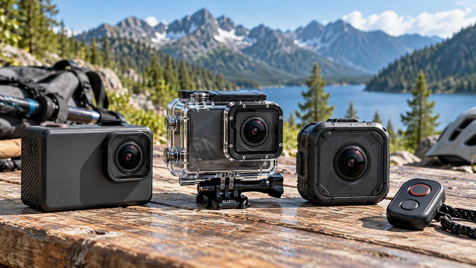 Three compact action cameras, including one in a clear housing, and a small remote on a wooden table by a mountain lake.