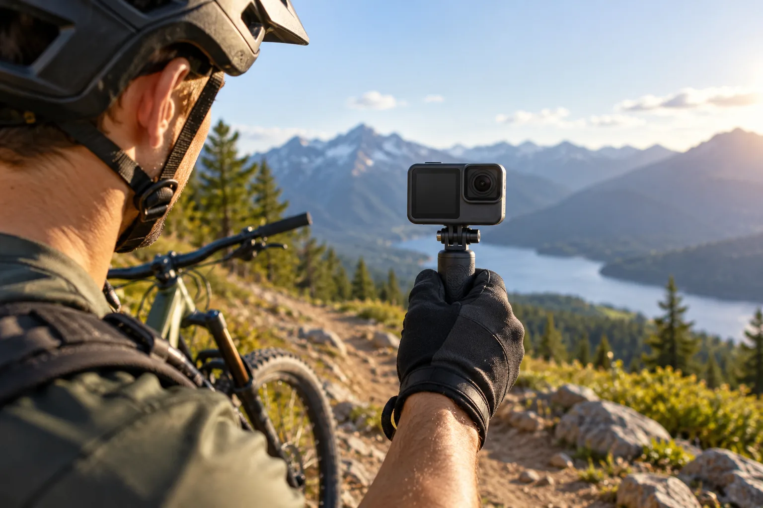 A mountain biker holds a compact unbranded action camera on a short grip beside a trail.