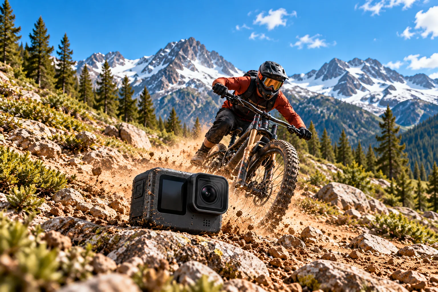 An unbranded action camera sits in the foreground as a mountain biker rides a rocky trail behind it.