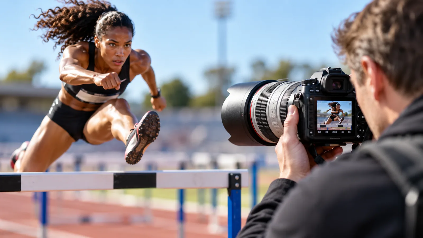 A photographer with a long-lens camera photographs an athlete jumping a hurdle on a track.