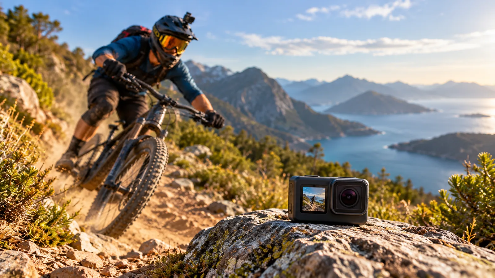A compact action camera on a rock beside a mountain biking trail, with a cyclist in the background.