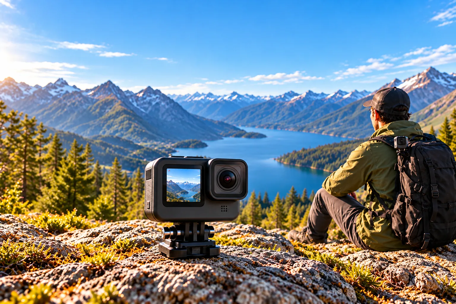 A compact action camera on a grip stands in the foreground while a hiker with a second camera on a backpack faces a mountain lake.