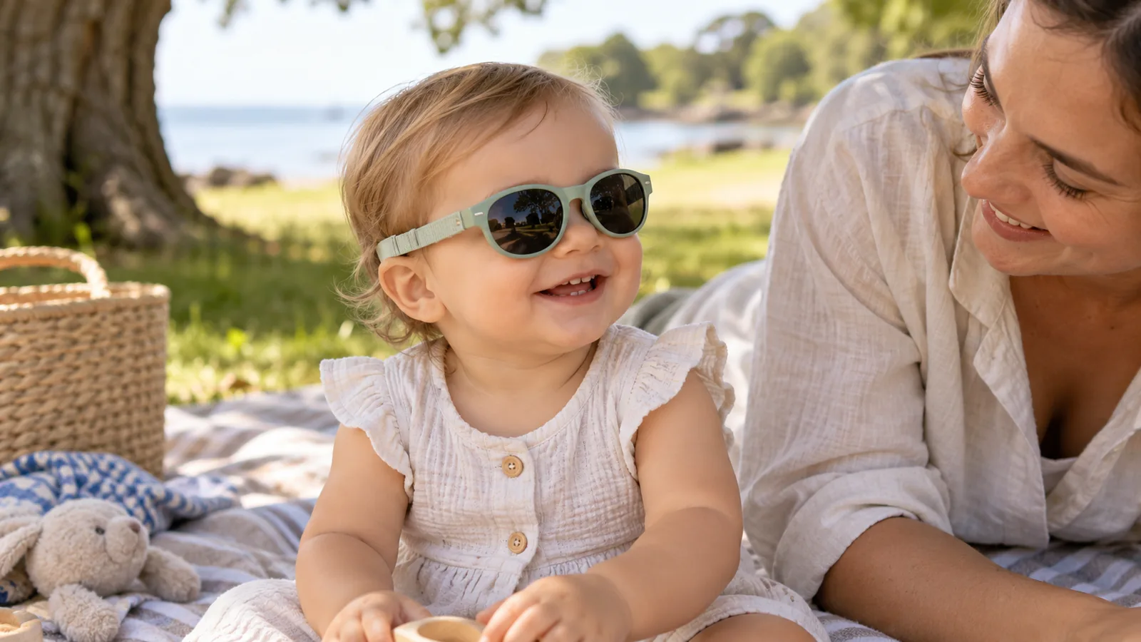 A toddler wearing soft-framed sunglasses with a gentle strap sits beside a caregiver on a shaded picnic blanket.