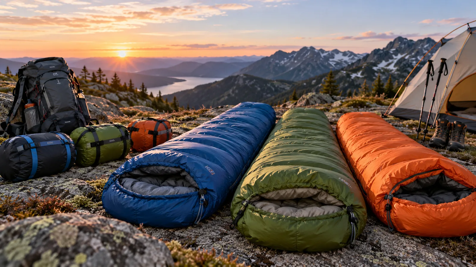 Three differently shaped sleeping bags are laid out at a mountain campsite beside a backpack and tent.