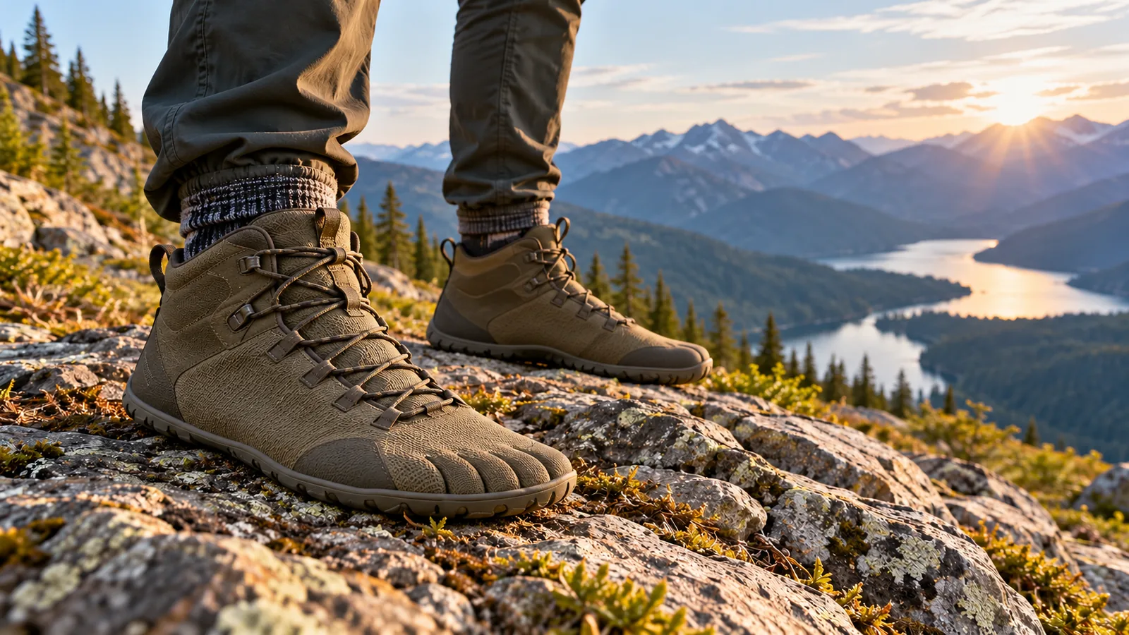 A pair of broad-toe barefoot-style hiking boots with low-profile soles on a rocky trail.