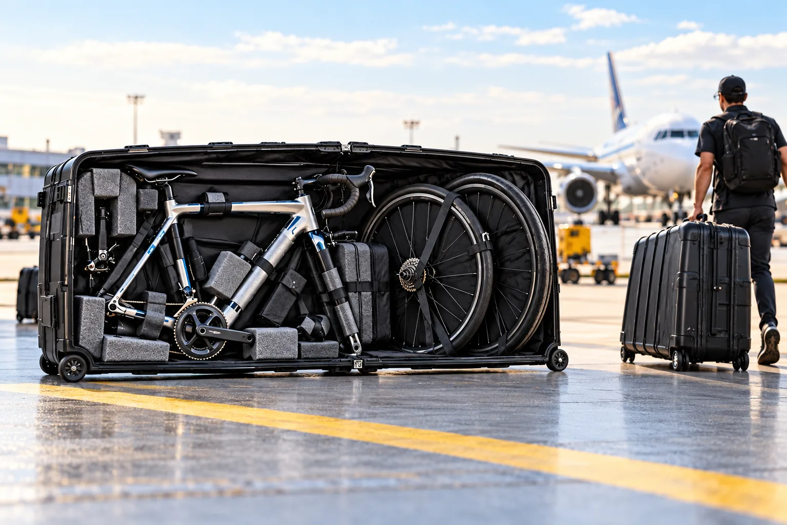 A partly disassembled bicycle and its wheels are secured inside an open hard-shell travel case at an airport.