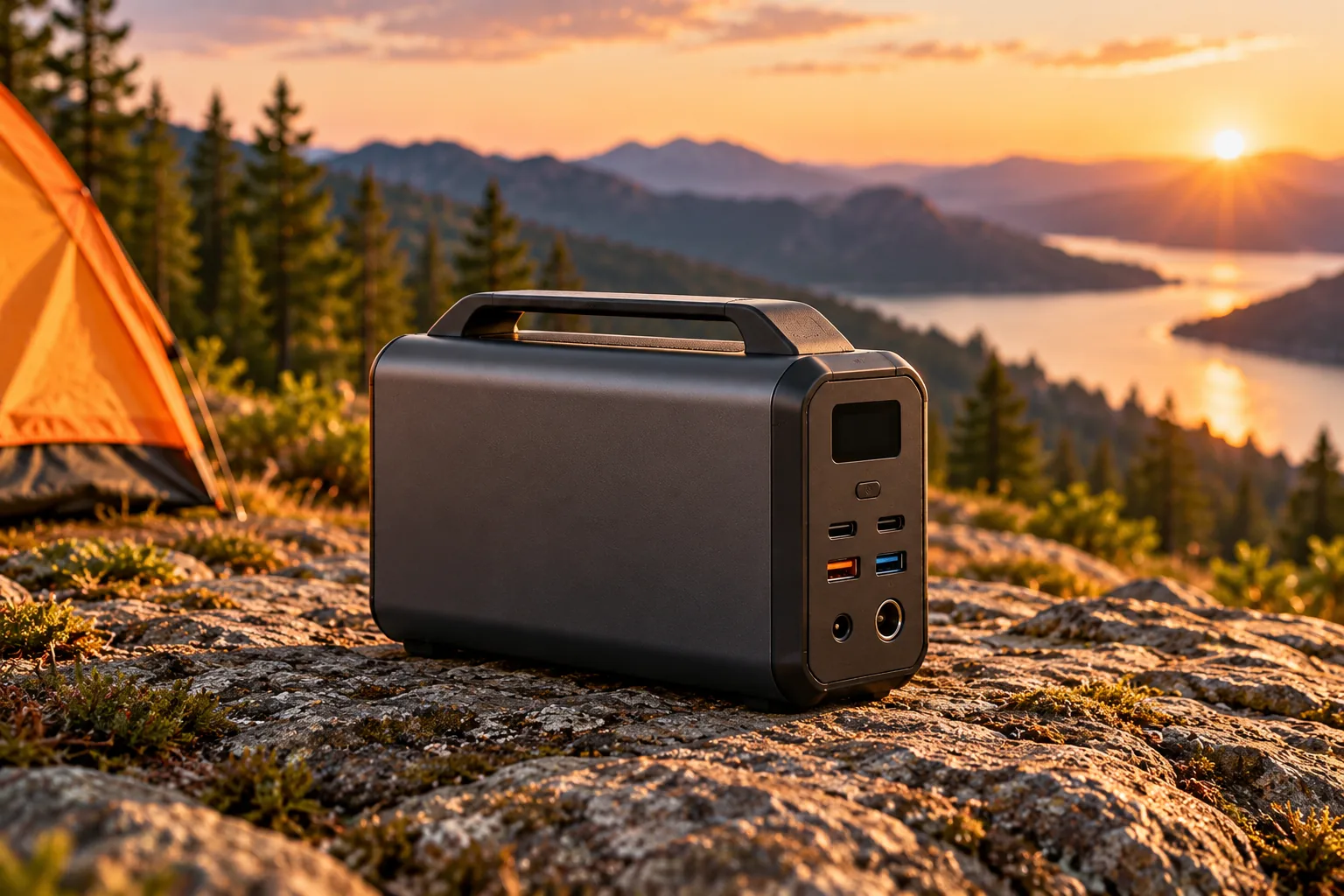 A large handled portable power bank with a dark display and several ports sits on rocky ground near a campsite at sunset.