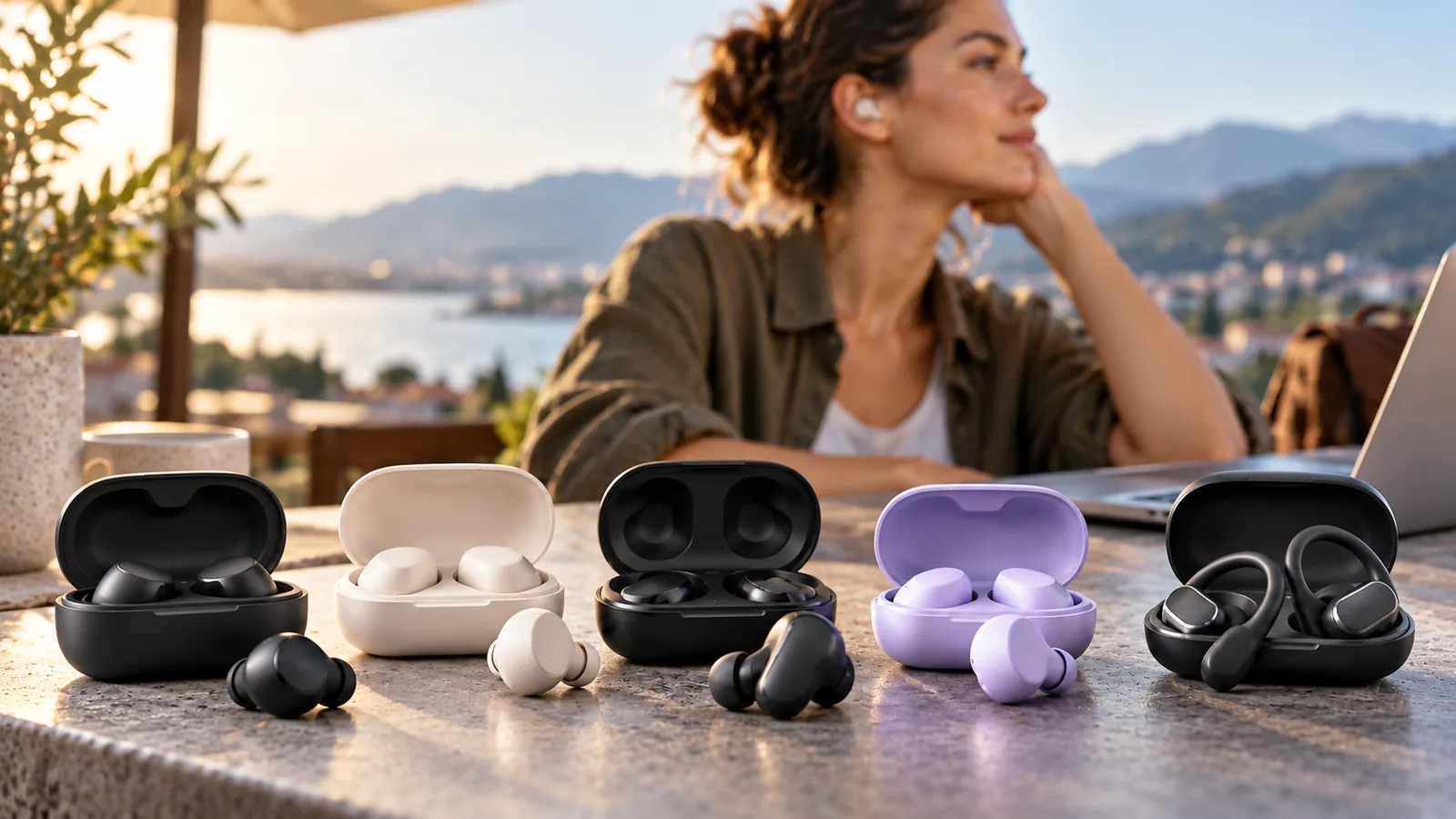 Several unbranded wireless earbuds and open charging cases on a desk, with a person wearing an earbud in the background.