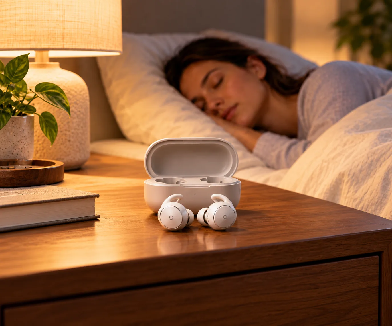 Wireless earbuds sit in an open charging case on a bedroom nightstand beside a sleeping person.