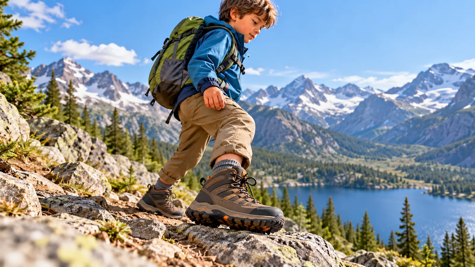 A child wearing hiking boots on a rocky alpine trail.