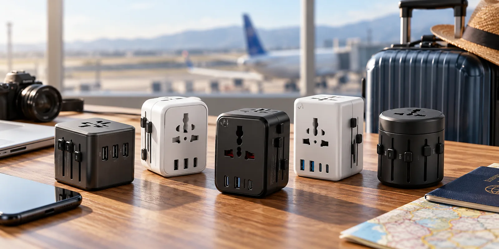 Several universal travel adapters with different outlet openings are arranged on a table beside luggage.