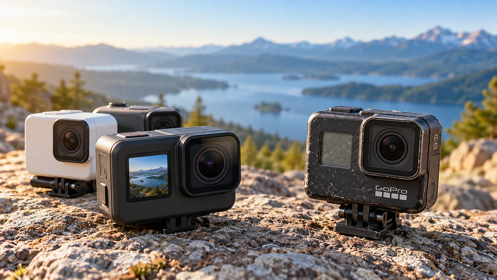 Several compact action cameras arranged on a rocky overlook above a lake; one bears a visible GoPro mark.