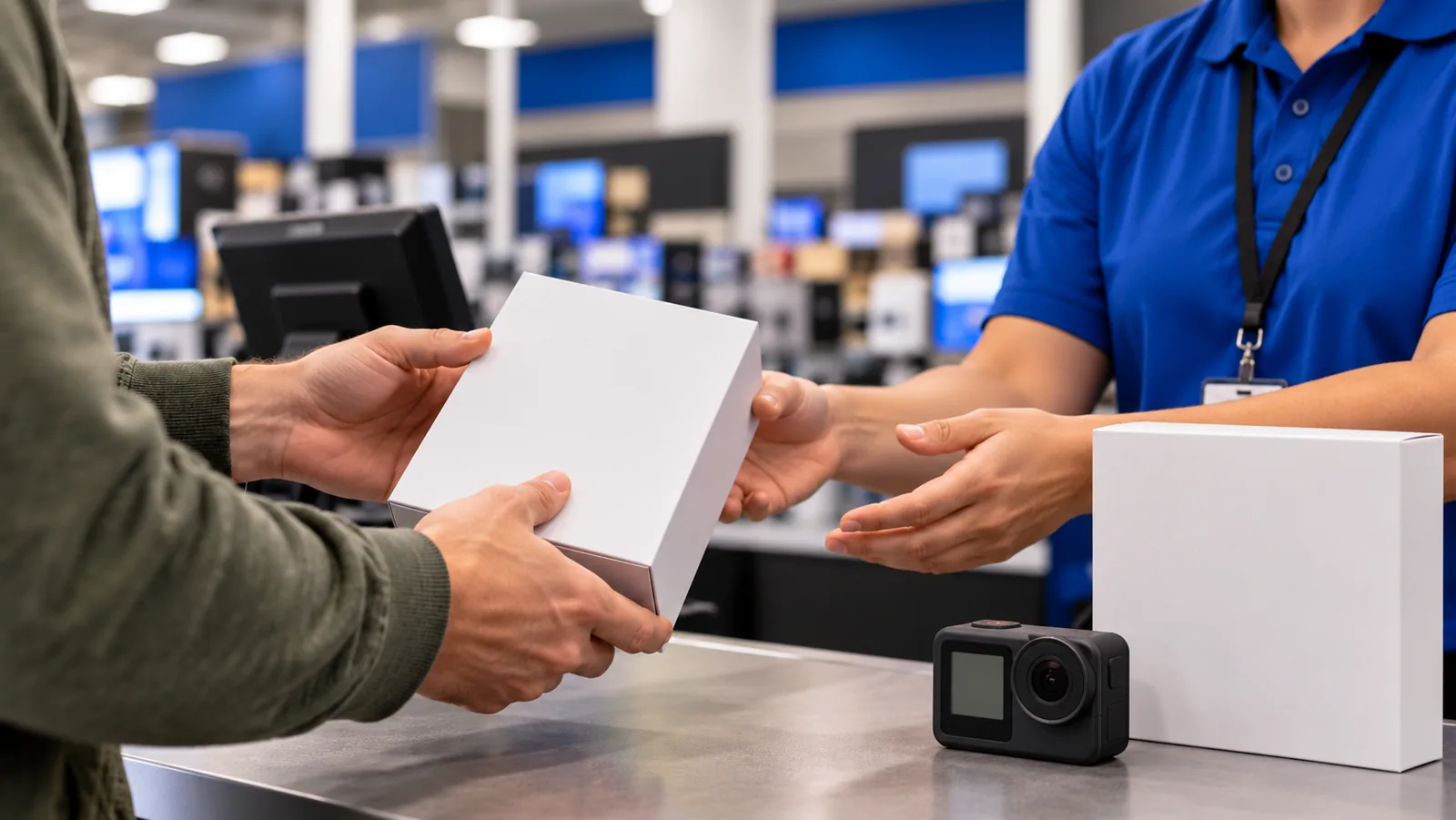 A customer hands a blank product box to an associate at an electronics counter, with an unbranded action camera nearby.
