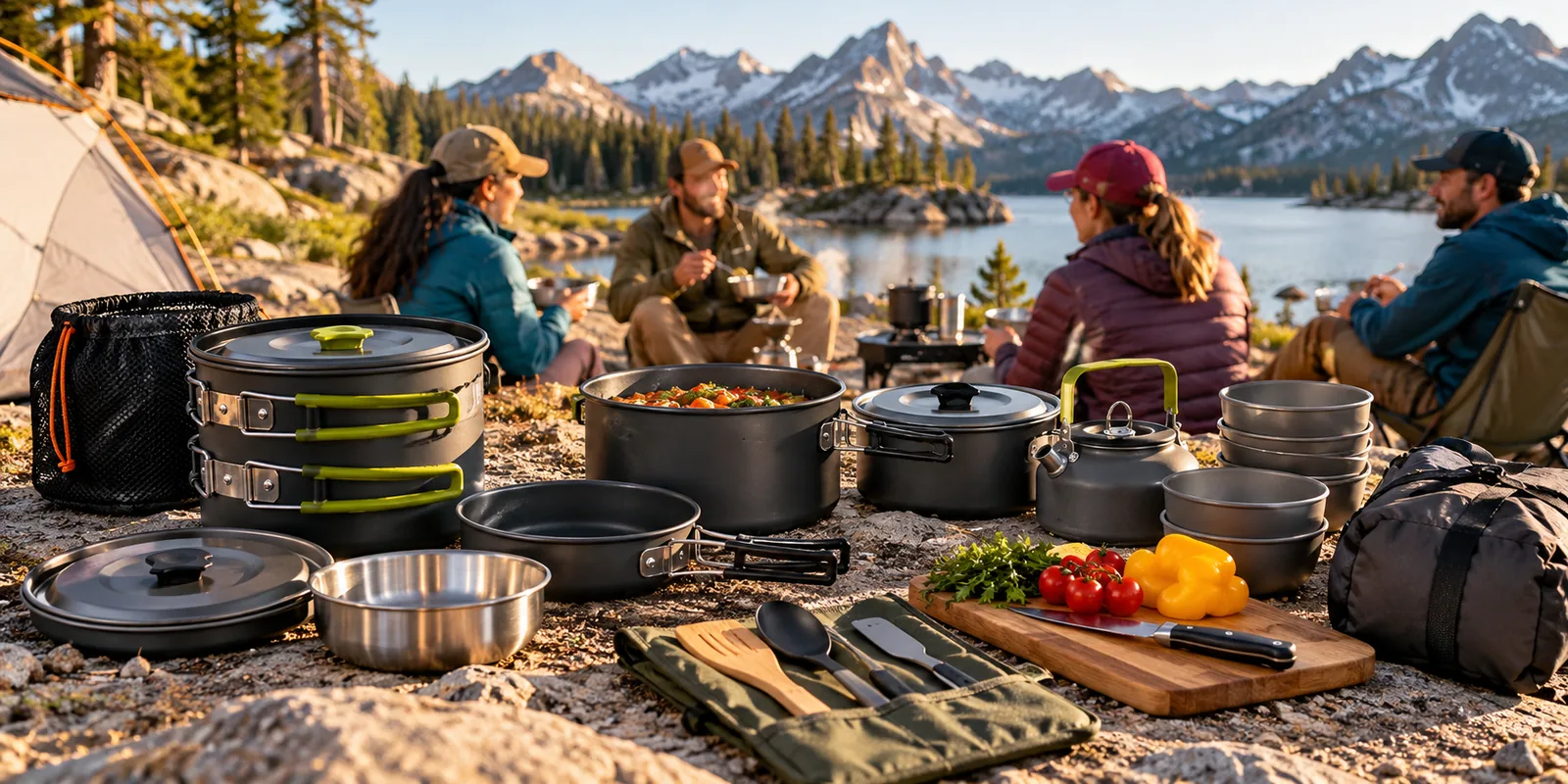 A variety of camping pots, pans, a kettle and utensils are arranged at a lakeside campsite.
