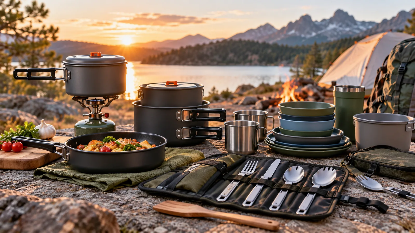 Camping pots, dishes and a roll-up cutlery set are arranged beside a tent at sunset.