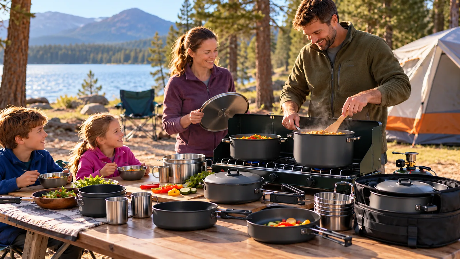 A family gathers around a camp table while an adult cooks with pots on a two-burner stove.