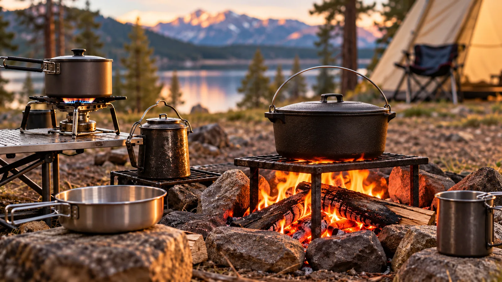 A lidded camp Dutch oven rests on a grate above campfire coals beside a pot on a small camping stove, a kettle, a frying pan and a cup.