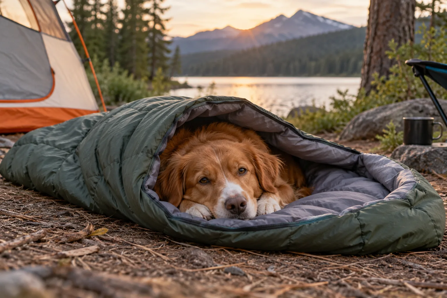 A dog resting inside a sleeping bag at a campsite.