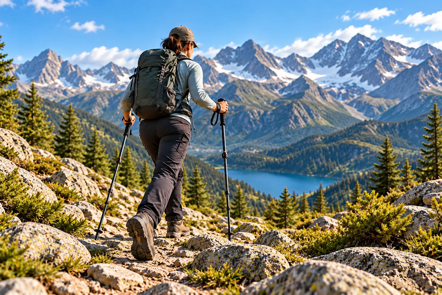 A hiker uses two trekking poles on a rocky mountain trail.